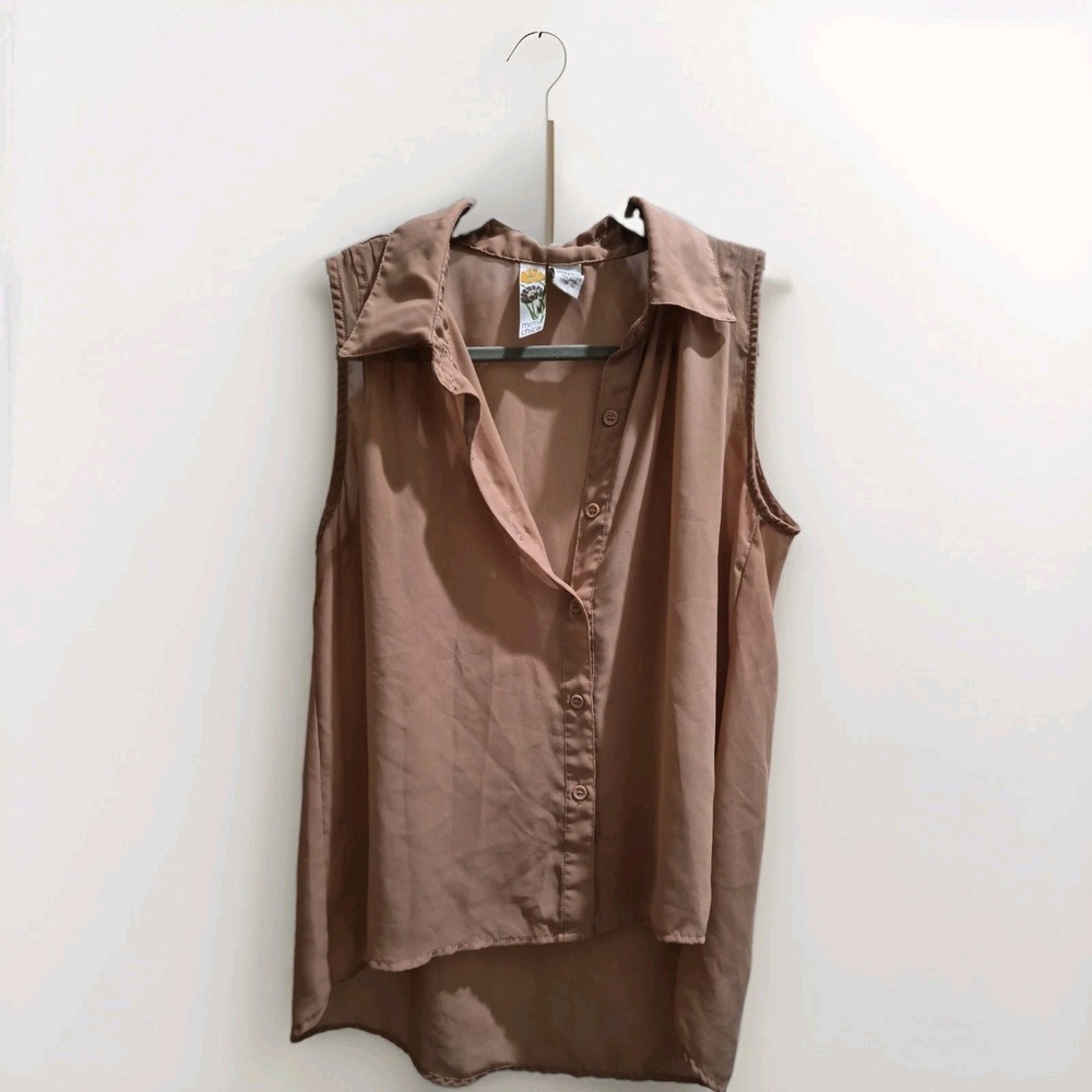This is a tan sleeveless button-down high-low blouse featuring a notched collar